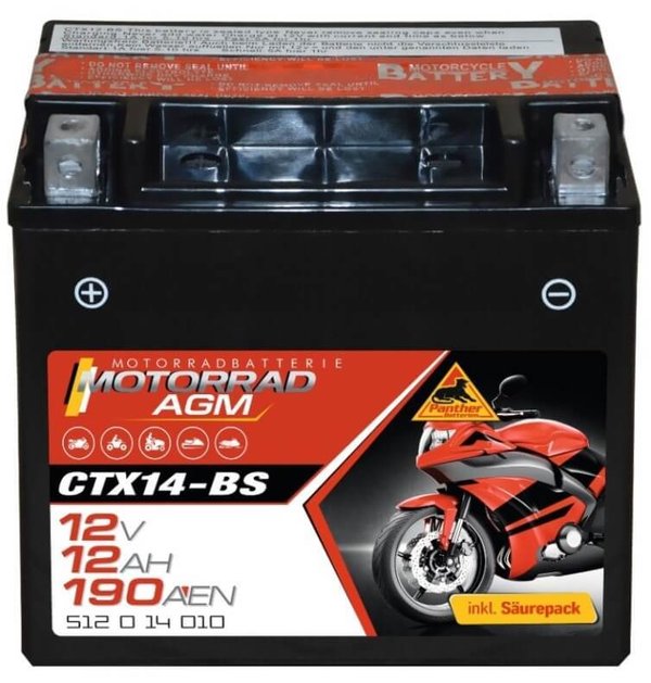 Motorradbatterie AGM 12V 12Ah - DIN 51214 - CTX14-BS | YTX14-BS