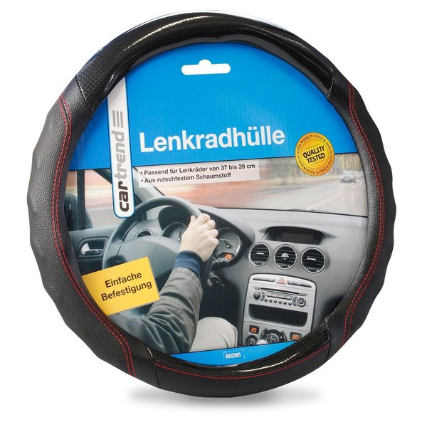 Lenkradhülle / Lenkradschoner Premium mit Fingergriff, Rote Naht, Schwarz/Carbon